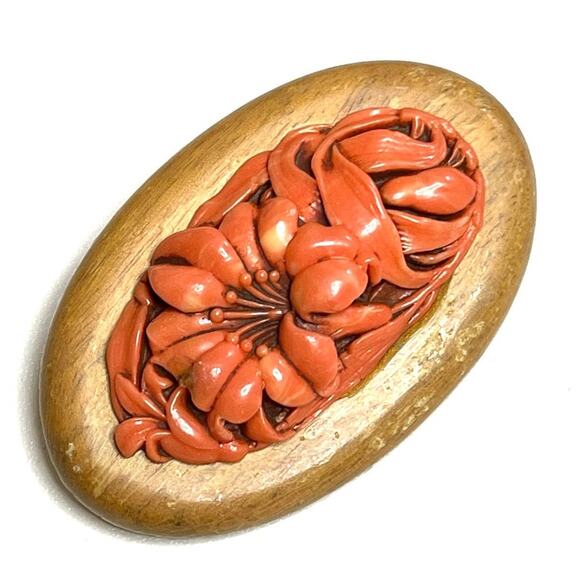 Unique Vintage Other - Vintage Brooch Vtg Carved Coral Celluloid Vtg Estate Costume Jewelry AU01